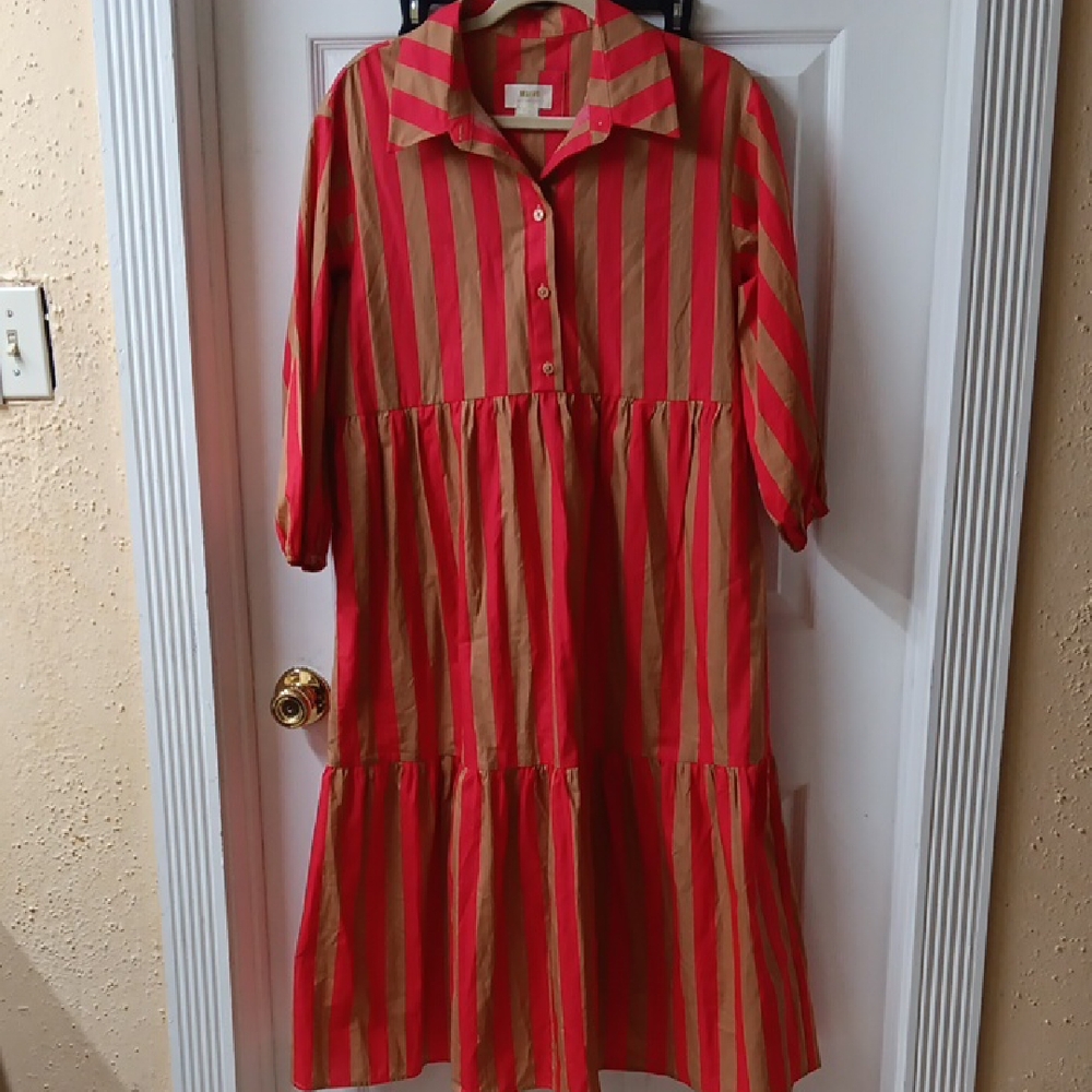 Anthropologie Red and Tan Striped Maxi Dress
